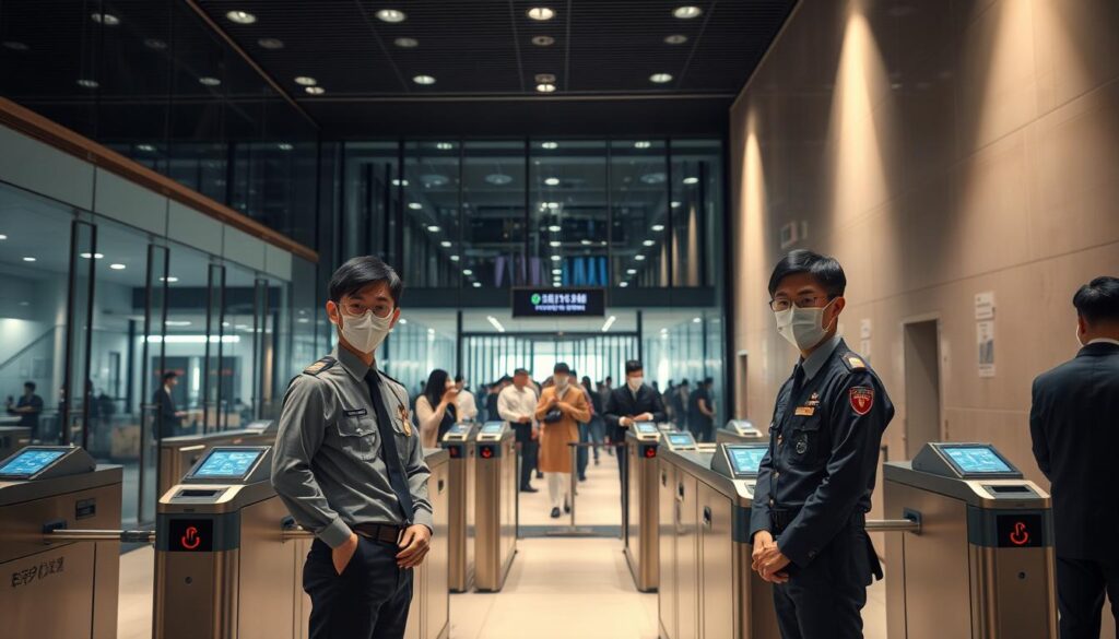 A dimly lit security checkpoint at the entrance of a bustling corporate office. Uniformed guards stand vigilant, carefully monitoring the flow of employees and visitors through the turnstiles. The space is clean and organized, with sleek security desks and state-of-the-art surveillance equipment. Soft lighting casts a warm glow, creating a sense of professionalism and order. In the background, a glass-walled lobby reveals a modern, minimalist interior design, hinting at the corporate environment beyond. The guards themselves are young, Japanese-looking individuals with a serious yet approachable demeanor, ready to assist and protect the building's occupants.