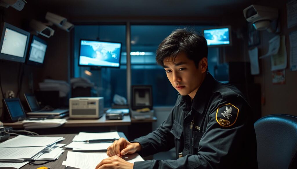 A dimly lit security guard station, the walls adorned with surveillance screens casting an eerie glow. In the foreground, a young Japanese security guard sits at a desk, brow furrowed as they pore over paperwork, the weight of their responsibilities evident in their posture. The middle ground reveals a cluttered workspace, with aging equipment and outdated technology, highlighting the challenges they face. The background shows a shadowy exterior, suggesting the potential threats and risks they must vigilantly monitor. The scene conveys a sense of unease, the guard's expression conveying the strain of maintaining order in a less-than-ideal work environment.