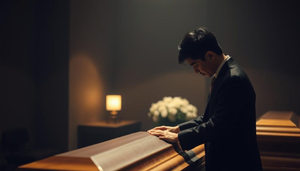A dimly lit, solemn room where a young, Japanese-looking funeral director carefully attends to the final preparations of a deceased person. The director, dressed in a somber suit, works with reverence and precision, their skilled hands gently arranging the body in a wooden casket. The atmosphere is one of quiet contemplation, the soft lighting casting a warm, respectful glow over the scene. The background is out of focus, allowing the viewer to focus on the director's focused, professional demeanor as they perform this significant ritual. The overall mood is one of solemnity and respect for the departed.