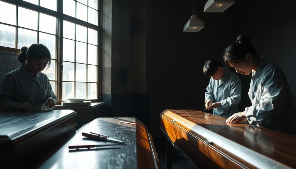 A dimly lit, somber workplace where young, Japanese-looking morticians meticulously prepare caskets and attend to the deceased. Soft natural light filters through large windows, casting shadows on the polished wooden surfaces and gleaming metal tools. The room has a hushed, reverent atmosphere, with each worker focused intently on their task. Muted earth tones and muted lighting create a serene, contemplative mood. The scene conveys the sense of quiet professionalism and attention to detail required in this solemn profession.