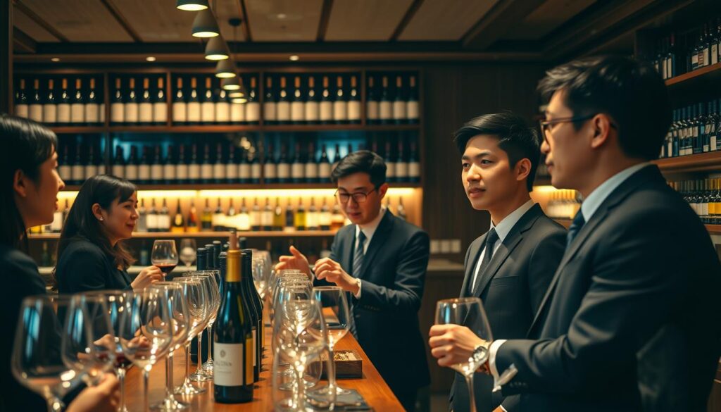 A dimly lit, sophisticated restaurant interior with a long wooden bar and elegant wine glasses. In the foreground, a group of young Japanese professionals in business attire stand before a display of fine wines, engaged in discussion. Their expressions convey a sense of deep knowledge and passion for the subject. In the middle ground, a sommelier guides them, gesturing towards the bottles and describing their nuances. The background features shelves of meticulously organized wine bottles, casting warm, ambient lighting across the scene. The overall atmosphere is one of refined, contemplative learning, capturing the essence of a sommelier's career path.