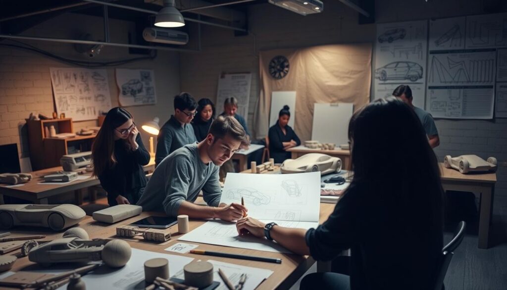 A dimly lit studio filled with sketches, clay models, and engineering schematics. In the center, a young car designer, brow furrowed in concentration, works at a drafting table, pencil in hand. Surrounding them, a team of peers, each with their own unique educational backgrounds - some with architecture degrees, others with industrial design or engineering pedigrees. The room is bathed in a warm, soft light, casting gentle shadows that highlight the focused expressions and careful movements of the designers as they collaborate on the next groundbreaking automotive concept. The atmosphere is one of creative energy, technical expertise, and a shared passion for shaping the future of transportation.