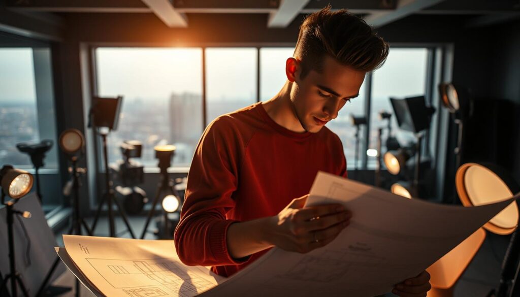 A dimly lit studio space, showcasing the diverse career path of a lighting designer. In the foreground, a young, focused individual with a sleek, modern haircut pores over a set of architectural blueprints, meticulously planning the perfect lighting scheme. Behind them, a collection of cutting-edge lighting fixtures and tools stand ready, reflecting the designer's mastery of the latest technologies. In the background, a panoramic window offers a glimpse of a bustling cityscape, hinting at the high-profile projects and collaborations that lie ahead. The scene exudes a sense of quiet determination and a deep passion for the art of illumination, capturing the essence of a lighting designer's journey.