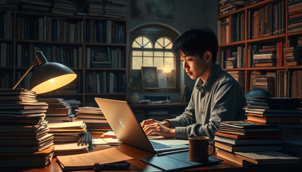 A dimly lit study with a young Japanese-looking author sitting at a cluttered desk, surrounded by stacks of papers, books, and a laptop. The warm glow of a desk lamp illuminates their focused expression as they type furiously, lost in the creative process. The walls are lined with bookshelves, hinting at their deep knowledge of fantasy literature. A small potted plant and a mug of steaming tea suggest a balanced working environment. The scene conveys the writer's dedication, imagination, and the technical skills required to craft compelling fantasy narratives.