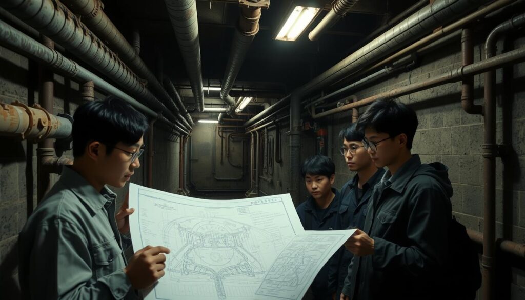 A dimly lit underground utility corridor, with aging pipes and infrastructure running along the walls. In the foreground, a team of young Japanese engineers examines a blueprinted schematic, their faces focused and determined. The middle ground reveals a complex network of water mains and sewer lines, intricately weaving through the cramped space. In the background, a subtle glow of emergency lighting casts an ominous yet clinical atmosphere, hinting at the challenges of maintaining this vital but often overlooked system. The scene conveys the critical importance and technical complexity of the water and sewage infrastructure, as the engineers work to address the issues that lie beneath the surface.