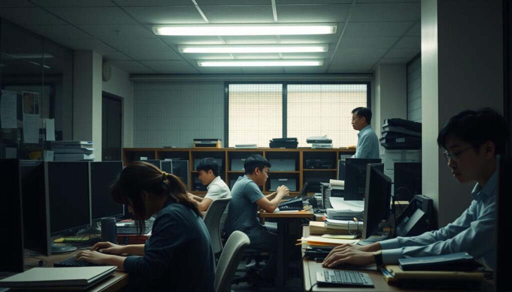 A dimly lit university office, its fluorescent lights casting a harsh glare over tired faces. Young Japanese-looking staff members, their hair neatly styled, sit hunched over cluttered desks, fingers typing furiously. The air is thick with the hum of computers and the weight of unfinished tasks. In the corner, a lone employee gazes wistfully out the window, seeking a moment of respite from the relentless grind. The scene conveys a sense of exhaustion and the delicate balance between professional responsibilities and personal well-being.