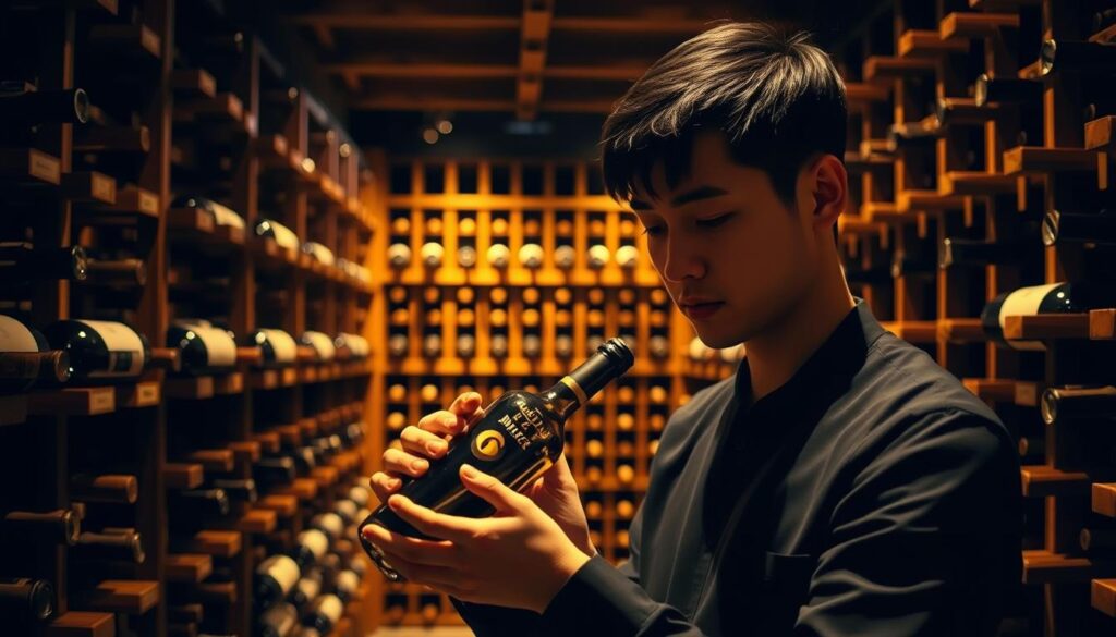 A dimly lit wine cellar, with wooden racks showcasing an impressive collection of aged vintages. The space is bathed in a warm, amber glow, casting subtle shadows that accentuate the contours of the bottles. In the foreground, a young, Japanese-looking sommelier carefully inspects a bottle, evaluating its clarity, color, and bouquet. Their focused expression conveys the dedication and expertise required to ensure the proper storage and preservation of these prized beverages. The middle ground features additional racks, meticulously organized, while the background fades into a softly blurred perspective, hinting at the vast depths of the cellar and the passion that goes into curating this remarkable collection.