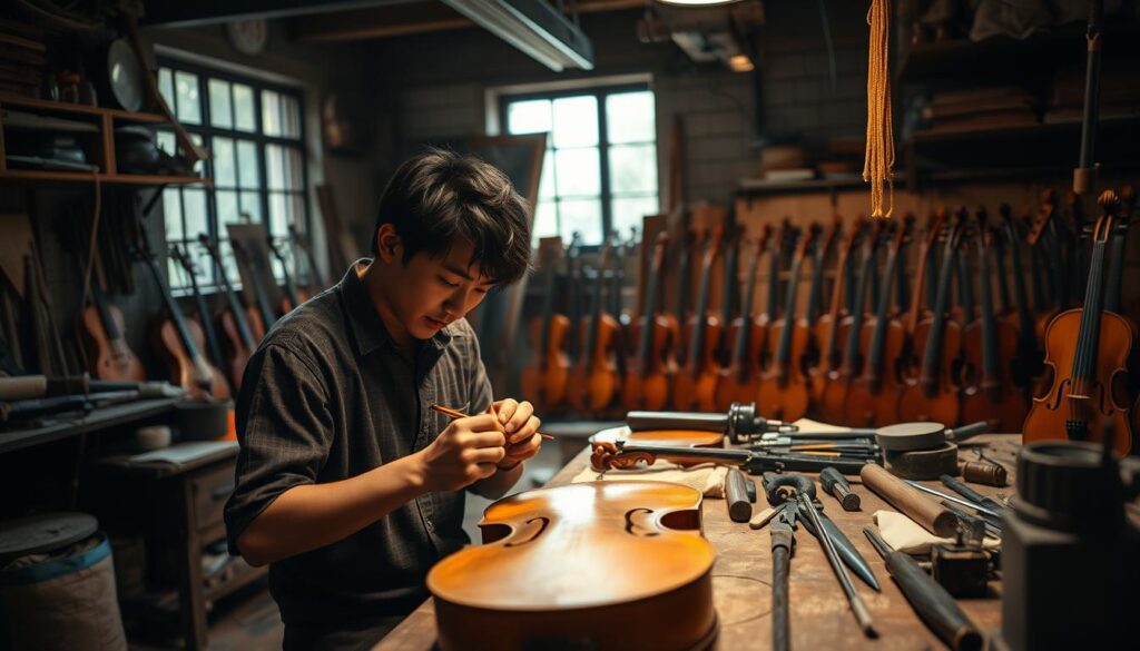 A dimly lit workshop filled with the tools of a skilled instrument maker's trade. In the foreground, a young Japanese craftsman carefully carves the intricate details of a violin's body, his focused expression and nimble fingers revealing years of practice. Surrounding him, an array of chisels, sanders, and polishing cloths are neatly organized on the workbench, while behind him, rows of partially assembled instruments and a collection of exotic woods hint at the meticulous process of creating each unique piece. Soft natural light filters in through the workshop's windows, casting a warm glow and lending an air of tranquility to the scene. The overall atmosphere conveys the dedication, attention to detail, and artistry inherent in the craft of instrument making.