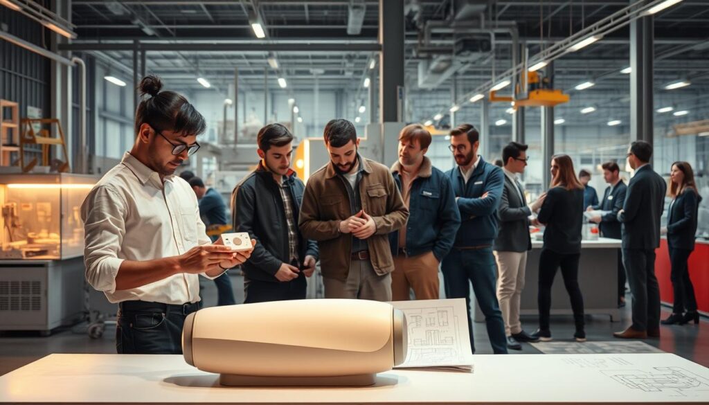 A diverse array of industrial designers, each embodying a distinct field, stands against a backdrop of various industrial settings. In the foreground, a designer scrutinizes a sleek, minimalist product prototype under the warm glow of studio lighting. In the middle ground, another designer collaborates with engineers, discussing the technical feasibility of a cutting-edge machine design. In the distance, a team of designers pores over blueprints, meticulously planning the layout of a state-of-the-art factory floor. The scene conveys the versatility and multifaceted nature of the industrial design profession, where creativity, technical expertise, and problem-solving converge to shape the products and environments that define our modern world.