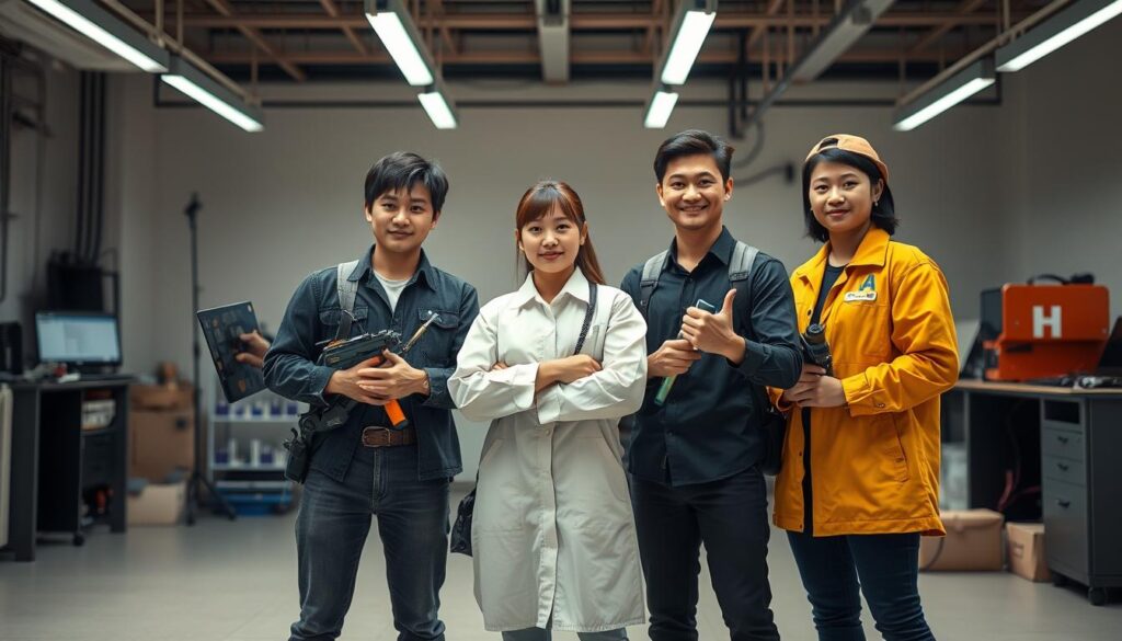 A diverse group of engineers in a modern, well-lit studio setting. A software engineer, a mechanical engineer, and an electrical engineer stand together, each with their own unique tools and equipment. The scene is captured with a high-quality, wide-angle lens, showcasing the engineers' youthful, Japanese-inspired features and sleek, professional attire. The lighting is soft and diffused, creating a warm, focused atmosphere that highlights the engineers' concentration and attention to detail. The background is a clean, minimalist workspace, allowing the engineers and their specialized tools to take center stage.