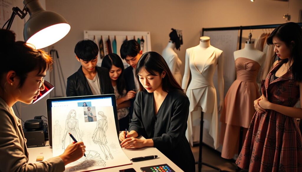 A diverse group of fashion designers, each embodying a unique professional path. In the foreground, a designer sketching intricate garment designs, their face illuminated by a warm desk lamp. Beside them, a team collaborating on a digital mood board, the screen's glow casting a soft light. In the background, a designer draping fabric on a mannequin, meticulously crafting a couture piece. The scene exudes an atmosphere of creativity, innovation, and the multifaceted nature of the fashion design profession. The models, young Japanese-looking individuals, bring a sense of authenticity and vibrancy to the image.