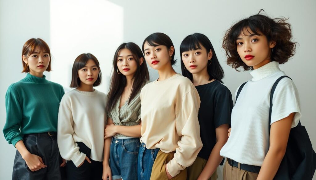 A diverse group of fashionable models, each with a unique income profile, stand against a minimalist backdrop. Soft, natural lighting accentuates their youthful, Japanese-inspired features. The scene conveys a sense of individuality and the varied earning potential within the modeling industry. Precise angles and a clean, documentary-style aesthetic capture the nuanced reality of fashion model incomes.
