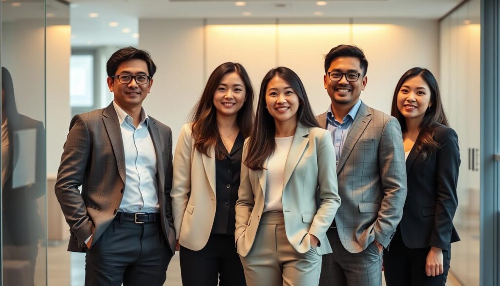 A diverse group of five consultants, each with a distinct expertise, standing confidently in a modern office setting. Soft, warm lighting illuminates their focused expressions as they discuss strategies, data analytics, and innovative solutions. The scene conveys an atmosphere of professionalism, collaboration, and the ability to tackle complex business challenges. The consultants, with their polished attire and youthful, Japanese-inspired features, represent the breadth of skills and perspectives within the field of management consulting.