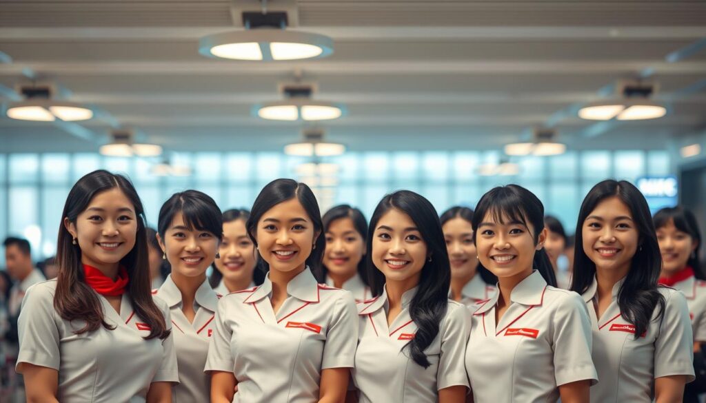 A diverse group of young, Japanese-looking flight attendants in crisp, immaculate uniforms stands in a well-lit, modern airport terminal. The cabin crew members, with warm smiles and attentive expressions, represent the multicultural workforce of a leading global airline. Soft, diffused lighting from overhead fixtures creates a professional, polished atmosphere, highlighting the high-quality materials and sleek design of the uniforms. The image conveys the airline's commitment to diversity, excellent customer service, and a global, cosmopolitan brand identity.