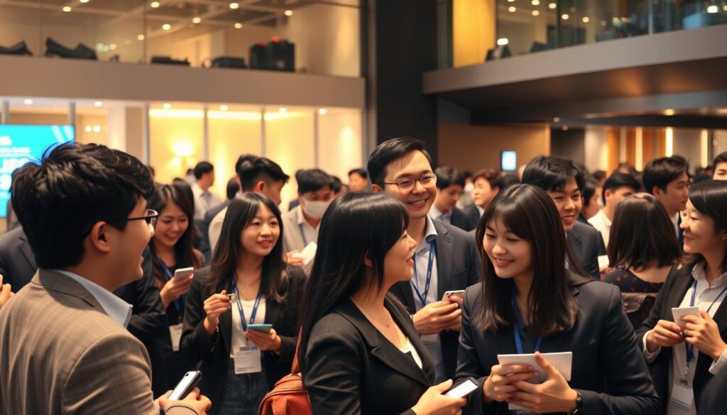 A diverse group of young Japanese-looking professionals gathered at an energetic networking event for the drilling industry. The well-lit scene captures the lively atmosphere, with attendees engaged in animated discussions and exchanging business cards. The middle ground features a mix of formal business attire and more casual outfits, reflecting the diverse attendees. In the background, the venue's modern architecture and sleek decor provide a sophisticated backdrop. Warm lighting casts a welcoming glow, creating an inviting and professional environment conducive to networking and industry collaboration.