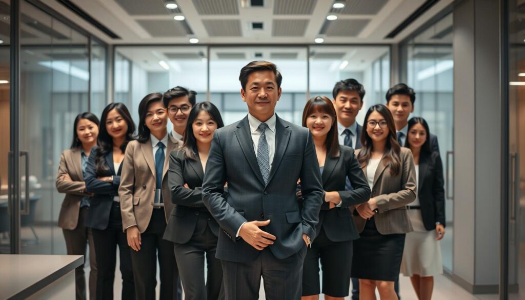 A diverse group of young, Japanese-looking professionals posing in a sleek, contemporary office setting. The executive producer in the center wears a sharp, tailored suit and projects an air of authority, while those around them display the distinct styles and traits typical of their respective industries - finance, technology, entertainment, and more. Dramatic, cinematic lighting illuminates the scene, creating a sense of importance and gravitas. The image captures the multifaceted nature of the executive producer role and the diverse skillsets required to excel in different business sectors.