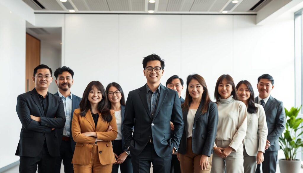 A diverse group of young Japanese-looking professionals standing in front of a sleek, minimalist office setting. The individuals represent various industry sectors, each with a distinct attire and posture conveying their unique expertise. The lighting is soft and flattering, creating a sense of professionalism and approachability. The background features a blend of clean, modern architectural elements and subtle, nature-inspired accents, establishing a harmonious and welcoming atmosphere. The overall composition guides the viewer's attention to the central figures, showcasing their expertise and the breadth of industries they can assist with in the context of a comprehensive career transition guide.