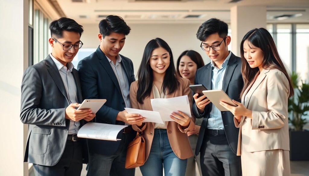 A diverse group of young Japanese-looking professionals standing together, confidently examining multiple digital devices and documents. The scene is set in a bright, modern office with clean lines, large windows, and a minimalist aesthetic. Warm, natural lighting casts a sense of focus and determination. The group's expressions convey a sense of strategy and collaboration as they navigate the process of finding the optimal job opportunities across various online platforms.