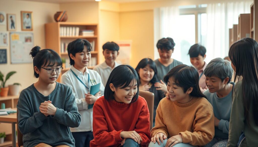 A diverse group of young Japanese-looking social workers, in various settings - a community center, a school, a hospital, and a home - engaging with clients of all ages and backgrounds. Warm, diffused lighting casts a soft glow, creating an atmosphere of compassion and care. The figures are captured in dynamic poses, conveying the multifaceted nature of social work. The scene depicts the depth and breadth of the profession, from counseling and advocacy to education and crisis intervention. Realistic, detailed character depictions with a focus on facial expressions and body language to illustrate the human connection at the core of social work.