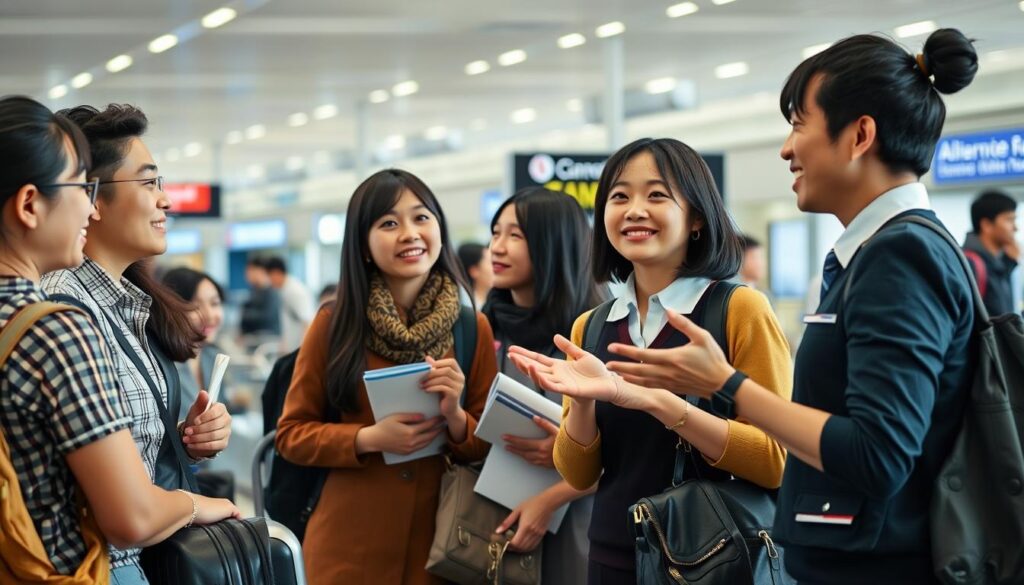 A diverse group of young, Japanese-looking travelers engaged in a lively conversation in a bustling airport terminal. The multilingual flight attendant gestures animatedly, their warm smile and attentive expression conveying excellent communication skills. The background is filled with muted tones, luggage carts, and airport signage, creating a sense of international transport. Soft, natural lighting illuminates the scene, highlighting the attendant's approachable demeanor and the passengers' engaged interactions. The overall atmosphere reflects the essential language proficiency and interpersonal abilities required for a successful flight attendant.