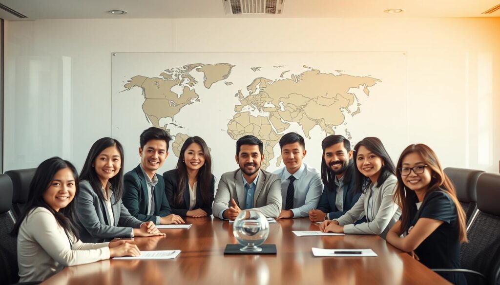 A diverse group of young, professional-looking individuals with Japanese-inspired features, positioned in a global business setting. They are seated around a conference table, engaged in an international discussion, with a large world map or globe prominently displayed in the background. The lighting is natural and warm, creating a sense of collaboration and understanding. The overall mood is one of cross-cultural cooperation and the commissioners' important role in navigating global issues.