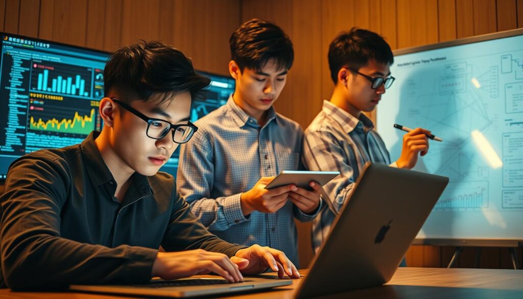 A diverse team of talented young Japanese engineers showcasing their expertise and earning potential. In the foreground, a programmer intently scrutinizing lines of code on a sleek laptop, the glow of the screen illuminating their focused expression. Behind them, a data analyst meticulously dissecting visualizations on a high-resolution display, their brow furrowed in concentration. In the background, a software architect sketching intricate diagrams on a digital whiteboard, their hands deftly guiding a stylus. Warm, directional lighting casts subtle shadows, creating a sense of depth and professionalism. The scene conveys the intellectual rigor, technical prowess, and lucrative earning opportunities inherent to the engineering profession.