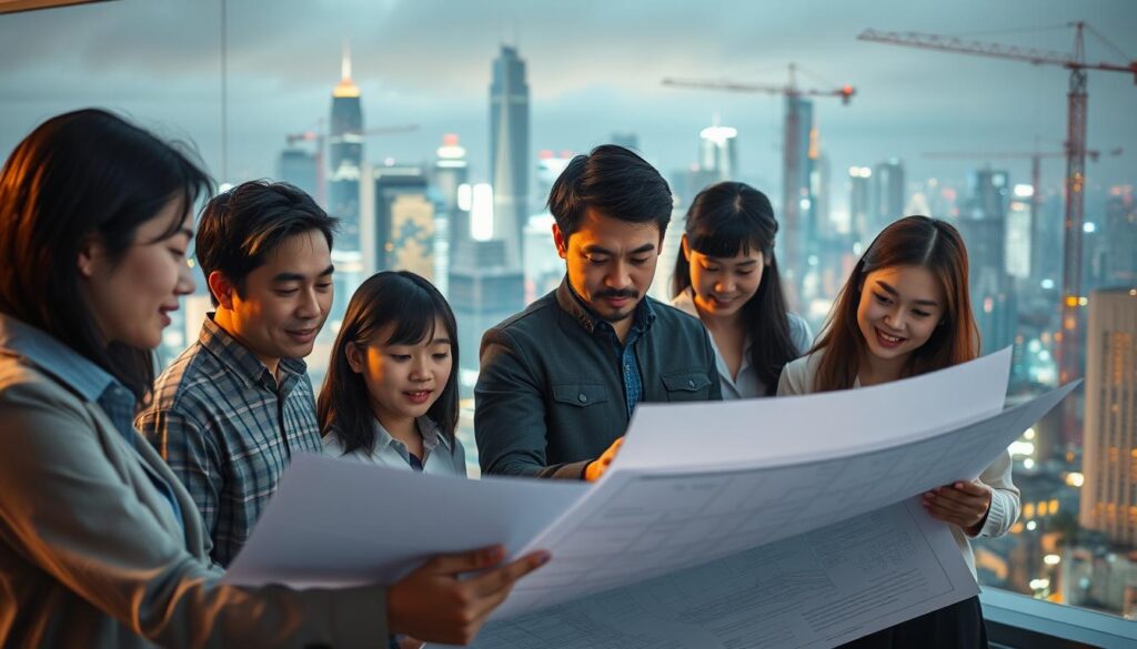 A diverse team of young, Japanese-looking building consultants diligently collaborating on architectural plans, their faces illuminated by the warm glow of task lighting. In the background, a bustling cityscape with towering skyscrapers and construction cranes suggests the far-reaching impact of their work. The scene conveys a sense of purpose, professionalism, and social responsibility as the consultants contribute their expertise to shaping the built environment. A cinematic, documentary-style photograph captured with a wide-angle lens to emphasize the collaborative nature of their efforts.