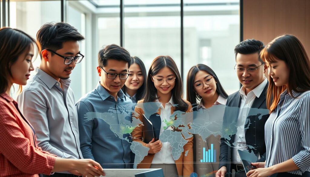 A diverse team of young, professional Japanese-looking individuals collaborating on a global investment strategy. They stand before a sleek, contemporary office backdrop, bathed in warm, natural lighting. The scene conveys a sense of dynamic energy, international connectivity, and strategic planning. Each person's expression reflects deep focus and determination as they pore over data visualizations and digital displays, mapping out a complex, worldwide investment portfolio. The overall mood is one of purposeful, cross-cultural synergy – a united effort to navigate the complex global financial landscape.