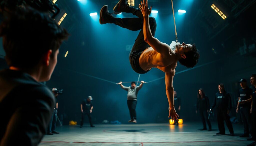 A dramatic scene of a stunt performer executing a daring acrobatic maneuver on a movie set. The foreground features a lean, muscular stunt person, mid-flip, their dark hair and focused expression conveying intense concentration. The middle ground shows a carefully choreographed stunt, with the performer suspended in the air, surrounded by a crew of watchful technicians. In the background, a moody, cinematic lighting illuminates the set, creating a sense of tension and danger. The image captures the inherent risks and challenges of the stunt performer's profession, highlighting the physical demands and meticulous preparation required for such high-stakes work.