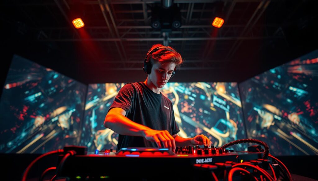 A dynamic DJ performing on a sleek modern stage, surrounded by an immersive visual display of pulsing lights and mesmerizing projections. The young artist's intense focus and skilled hand movements on the turntables convey a deep passion for their craft, as they guide the audience through a captivating sonic journey. The scene is bathed in a warm, vibrant lighting setup that accentuates the artist's confident, youthful presence. The background features a minimalist, industrial-chic aesthetic, hinting at the professional, cutting-edge nature of the DJ's career path. Overall, the image portrays the growth and progression of a dedicated DJ's career, from their early days of mastering the technical skills to their rise as a polished, in-demand performer.