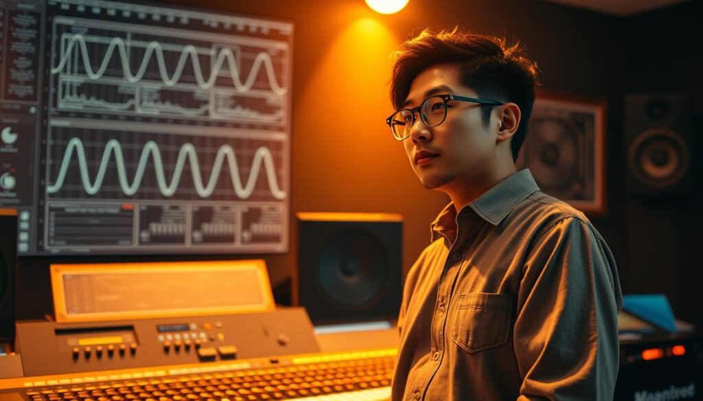 A dynamic and ambitious Japanese mastering engineer stands at the forefront of their career, gazing thoughtfully at a soundboard and audio equipment. Warm studio lighting casts an atmospheric glow, highlighting their focus and dedication. In the background, intricate waveforms and technical diagrams suggest the depth of their expertise. This scene conveys the progressive career path and growth potential of a mastering engineer, ready to take on increasingly complex audio projects and challenges.