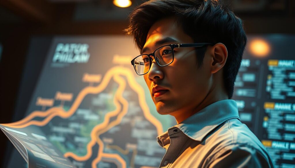 A dynamic and ambitious Japanese systems administrator stands at the forefront of their career, examining a detailed roadmap illuminating the potential paths ahead. The scene is captured with a cinematic lens, bathed in warm, directional lighting that casts dramatic shadows, conveying a sense of determination and possibility. The administrator's expression is one of focused contemplation, their eyes scanning the hypothetical career trajectory with a mix of resolve and anticipation. The background is subtly blurred, keeping the subject's journey the central focus of this realistic, photographic-style illustration.