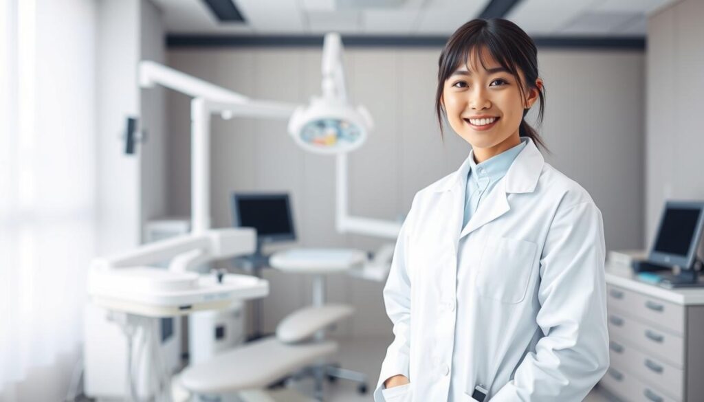 A dynamic and aspirational scene showcasing a young, professional Japanese dental hygienist in a well-lit, modern clinic setting. The subject stands in the foreground, exuding confidence and a sense of career progression, dressed in a pristine white lab coat. Behind them, a mid-ground view reveals state-of-the-art dental equipment and tools, hinting at the advanced skillset and expertise required for career advancement. The background features a sleek, minimalist interior design, with clean lines and neutral tones, creating a serene and focused atmosphere conducive to professional growth and development.