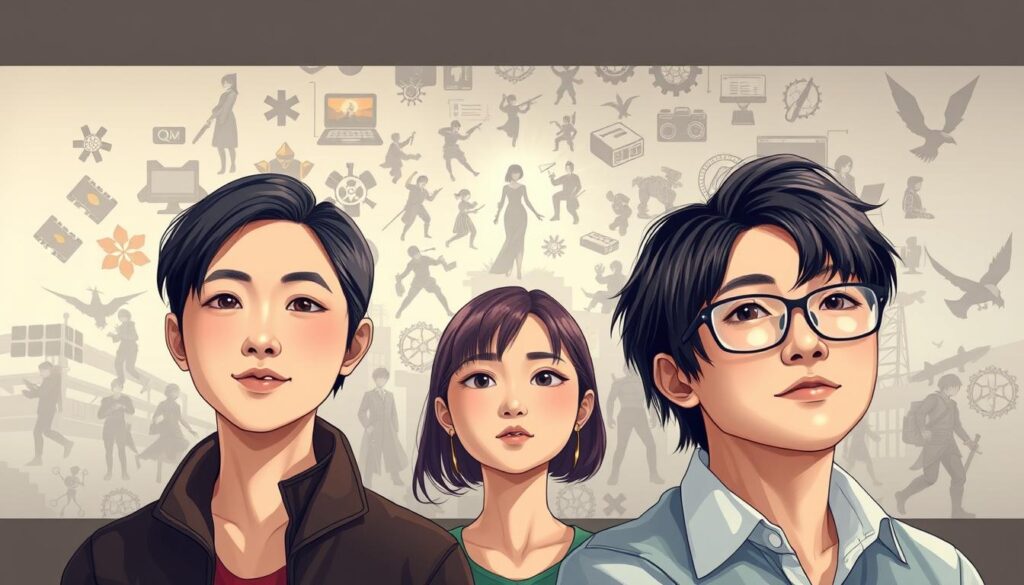 A dynamic and comprehensive illustration of a game designer's career path, showcasing a diverse array of roles and opportunities. The foreground features three individuals representing the entry-level, mid-career, and senior positions, all with youthful, Japanese-inspired facial features rendered in a realistic photographic style. The middle ground depicts the various specialties within game design, such as character design, level design, and programming, while the background elegantly conveys the potential for advancement and growth within the industry. The lighting is soft and natural, creating a sense of professionalism and aspiration. The overall composition and attention to detail effectively communicate the nuances of a game designer's career progression.