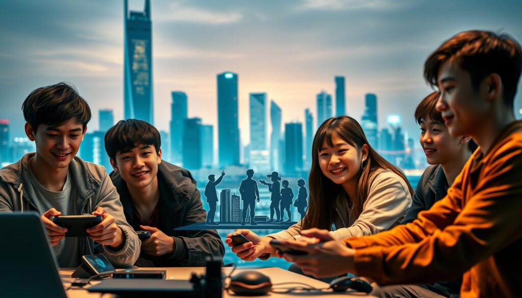 A dynamic and diverse career path for game creators, showcasing a young, Japanese-inspired team navigating the evolving world of game development. In the foreground, a group of passionate individuals collaborating on the latest gaming project, their focused expressions and hands-on approach conveying the hands-on nature of their work. In the middle ground, a visual representation of the various roles and specializations within the game creation process, from coding and design to art and animation. The background depicts a sleek, futuristic cityscape, symbolizing the industry's rapid technological advancements and the limitless possibilities for game creators to push the boundaries of their craft. Soft, warm lighting illuminates the scene, creating a sense of energy and optimism surrounding the career path of these talented individuals.