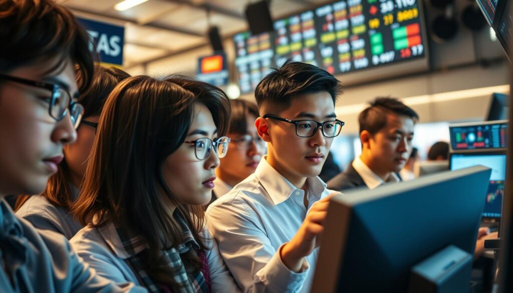 A dynamic and diverse group of young Japanese-looking securities analysts, their faces full of focus and determination, gather in a bustling trading floor setting. The scene is bathed in warm, natural lighting that highlights the intensity of their expressions as they analyze market data and stock charts on their screens. The atmosphere conveys the high-stakes, fast-paced nature of the securities analysis profession, reflecting the subject's market value and importance in the financial industry.