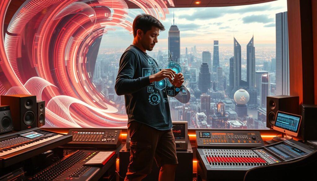 A dynamic and futuristic scene depicting the evolution of digital audio technology. In the foreground, a young audio engineer stands amidst a swirling vortex of sound waves, their hands deftly manipulating virtual controls on a holographic interface. The middle ground showcases cutting-edge mixing consoles, speakers, and other audio equipment, all bathed in a warm, diffuse lighting that creates a sense of depth and atmosphere. In the background, a panoramic cityscape with towering skyscrapers and futuristic architecture provides a backdrop, hinting at the integration of digital audio into the broader technological landscape. The scene conveys a sense of innovation, progress, and the transformation of the mastering engineer's role in the digital age.