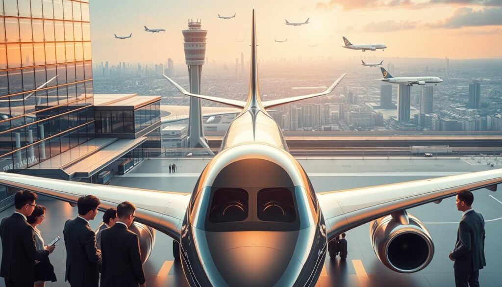 A dynamic and futuristic scene showcasing the innovations transforming the aviation industry. In the foreground, a group of young Japanese professionals in stylish business attire huddle around a sleek, cutting-edge aircraft, examining its advanced avionics and aerodynamic design. In the middle ground, a towering, modern airport terminal with floor-to-ceiling windows reflects the gleaming fuselage of a departing jumbo jet. The background features a sweeping panorama of the city skyline, punctuated by the silhouettes of next-generation, eco-friendly airliners soaring gracefully through the sky. Warm, golden lighting filters through the scene, evoking a sense of progress, technology, and boundless potential for the future of air travel.
