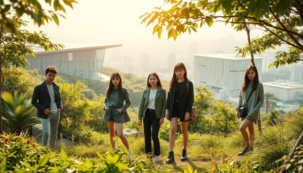 A dynamic and harmonious landscape showcasing the latest trends in eco-friendly design. In the foreground, a group of young, stylish Japanese models pose amidst a lush, verdant setting, highlighting sustainable materials and energy-efficient technologies. The middle ground features sleek, modern architectural elements seamlessly integrated with the natural environment, while the background boasts a vibrant, sun-dappled cityscape. Soft, warm lighting casts an inviting, tranquil atmosphere, capturing the essence of cutting-edge environmental design. The scene exudes a sense of balance, innovation, and a commitment to a sustainable future.