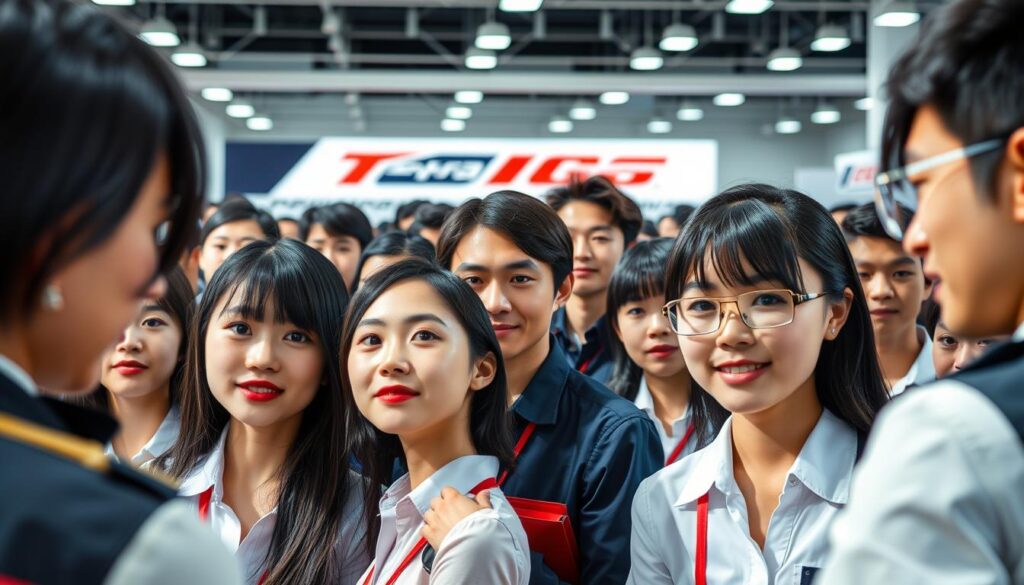 A dynamic and immersive motorsports career fair, featuring a diverse array of young Japanese professionals with sleek, black-haired features. Set against a meticulously detailed backdrop, the scene captures the thrill and excitement of the motorsports industry, showcasing the varied job opportunities available. Bright, natural lighting illuminates the confident and focused expressions of the individuals, conveying the passion and dedication required in this high-performance field. Camera angles emphasize the energy and momentum of the environment, inviting the viewer to envision themselves as part of this vibrant and rewarding industry.
