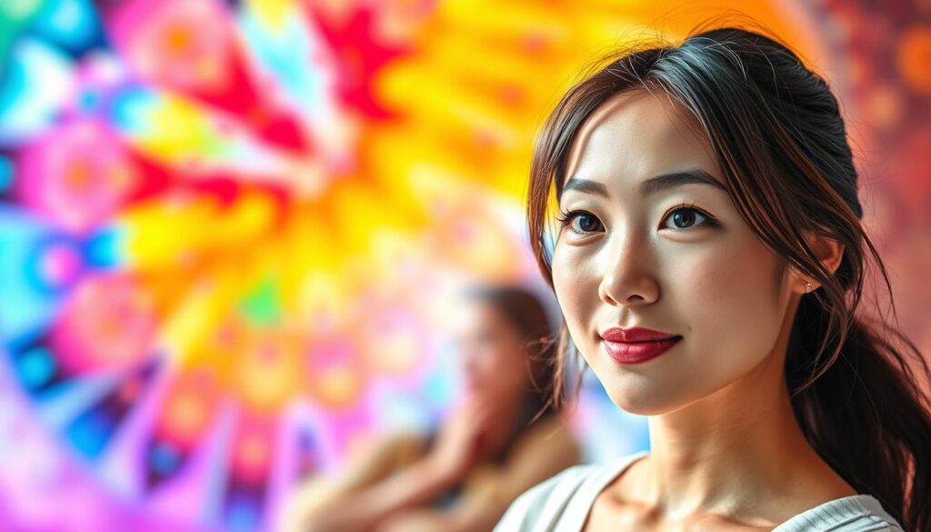 A dynamic and vibrant career path unfolds, depicting the diverse roles of a color therapist. In the foreground, a young Japanese woman radiates confidence, her eyes conveying a deep understanding of color psychology. The middle ground showcases her guiding clients through relaxing sessions, the soothing hues of natural lighting enveloping the scene. In the background, a kaleidoscope of color swirls, symbolizing the transformative power of color therapy. The composition captures the essence of this multifaceted profession, where the therapist's intuition and technical expertise harmonize to provide holistic well-being for those seeking balance and inner peace.