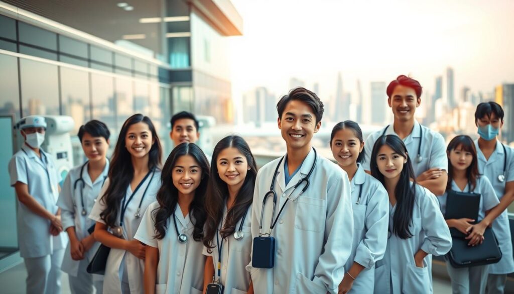 A dynamic and vibrant scene showcasing the promising future of co-medical professions. In the foreground, a diverse group of young Japanese healthcare workers stand confidently, their expressions radiating optimism and determination. Dressed in pristine white uniforms, they represent various co-medical roles, from nurses and technicians to therapists and assistants. Their youthful, photorealistic faces convey a sense of dedication and professionalism. The middle ground features a state-of-the-art medical facility, its sleek architecture and advanced equipment symbolizing the rapid technological advancements shaping the industry. The background subtly fades into a bustling cityscape, hinting at the growing demand and opportunities in the co-medical field. Warm, natural lighting illuminates the scene, creating a sense of hope and potential for the future of this vital healthcare sector.