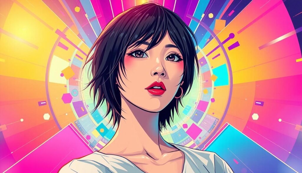 A dynamic and visually captivating illustration of the latest design trends, showcasing a young, Japanese-inspired model with striking black hair against a vibrant, futuristic backdrop. The model's expression conveys a sense of confident innovation, surrounded by a kaleidoscope of geometric shapes, gradients, and abstract patterns that evoke the cutting edge of contemporary graphic design. Soft, warm lighting bathes the scene, creating a sense of energy and inspiration. The overall composition and palette strike a balance between the modern and the timeless, reflecting the ever-evolving nature of the design industry.