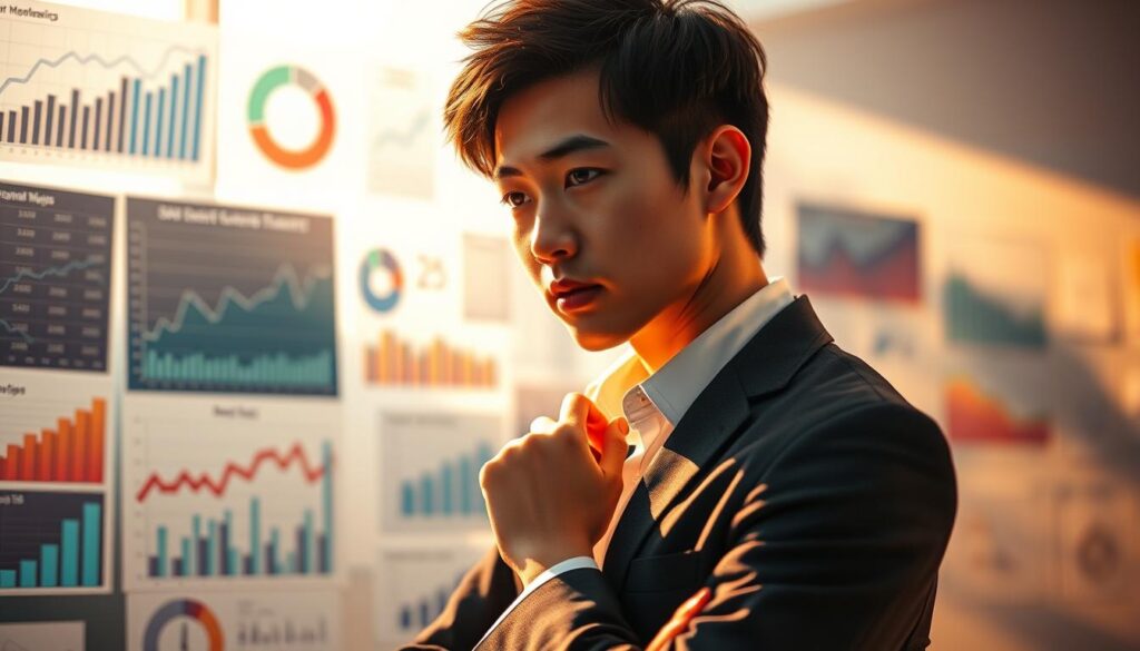 A dynamic and visually captivating image showcasing a young, Japanese-looking professional in a thoughtful pose, surrounded by charts, graphs, and financial data visualizations. The scene is bathed in warm, directional lighting, creating a sense of focus and determination. The subject stands in the foreground, their gaze fixed on the data, conveying a strategic mindset focused on career advancement and increased earnings. The middle ground features various financial tools and documents, while the background blurs into a soft, muted office environment, emphasizing the central figure's concentration on optimizing their earning potential through a strategic job change.