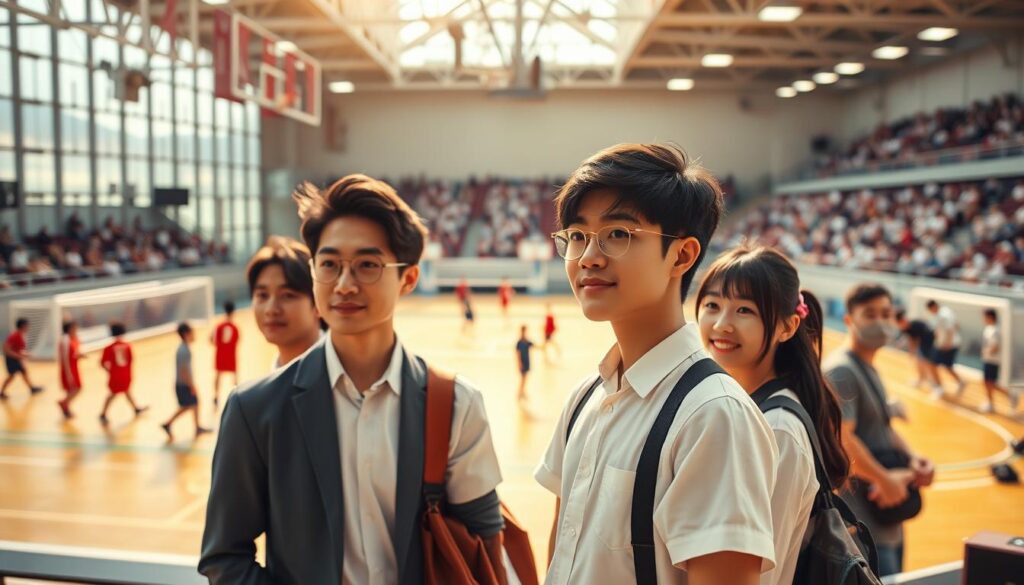 A dynamic and visually engaging scene showcasing the diverse career paths within the sports industry. In the foreground, a group of young Japanese professionals stand in a thoughtful pose, representing various roles such as sports management, coaching, and sports science. The middle ground features a bustling sports facility, with athletes training and spectators cheering in the background. The lighting is warm and natural, lending a sense of optimism and possibility. The camera angle is slightly elevated, providing a panoramic view that captures the breadth of opportunities available in this dynamic field. The overall mood is one of aspiration, teamwork, and the rewarding challenges of pursuing a career in the world of sports.