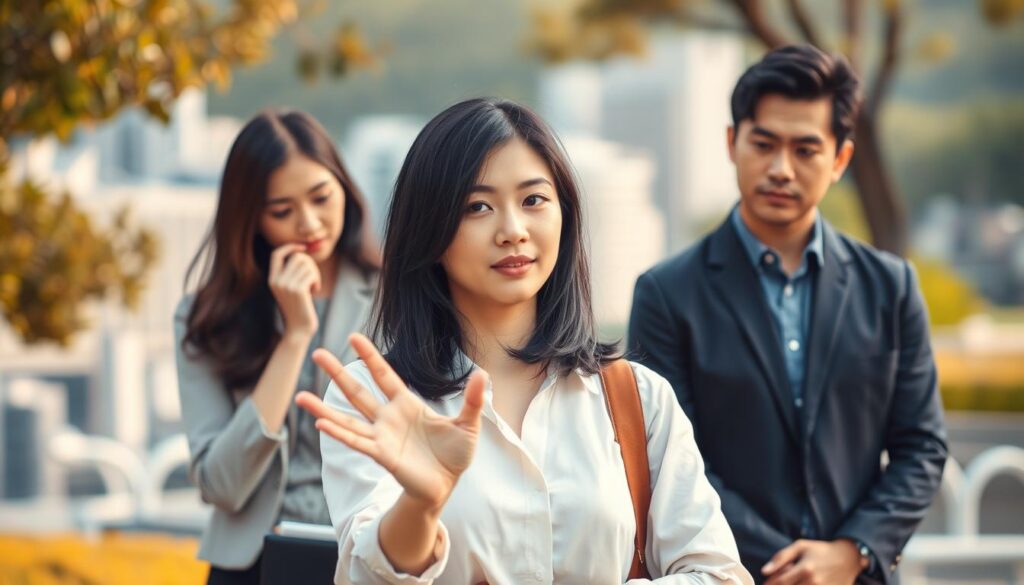 A dynamic career path for Japanese interpreters, showcased through a visually striking scene. Three young, dark-haired Japanese individuals stand in a natural, well-lit setting, embodying the diverse opportunities available in the interpretation field. The foreground features a woman gesturing confidently, while her colleagues flank her, one deep in thought and the other with a pensive expression. The middle ground showcases a blurred cityscape, hinting at the global nature of interpretation work. The background is softly out of focus, creating a sense of depth and emphasizing the central figures. Warm, natural lighting casts a subtle glow, evoking a sense of purpose and optimism for the interpreter's career journey.