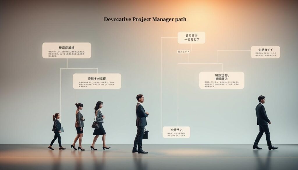 A dynamic career path for a dedicated project manager, showcasing their progression from entry-level roles to senior leadership positions. The scene depicts a stylized organizational chart with interconnected nodes, representing the various stages of growth and advancement. The figures, all young Japanese-looking professionals, are depicted in a realistic photographic style, conveying a sense of aspiration and forward momentum. The lighting is soft and balanced, creating a warm and inspiring atmosphere. The composition highlights the interconnected nature of the roles, emphasizing the versatility and depth of the project manager's career trajectory.