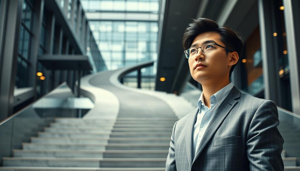 A dynamic career path unfolds as a young, earnest Japanese-looking general manager rises through the ranks. In the foreground, they stand tall, confident yet thoughtful, facing a future of possibilities. The middle ground reveals a winding career trajectory, represented by interconnected steps leading upward. The background showcases a sophisticated corporate environment, with sleek, modern architecture and a subtle play of light and shadow, conveying the gravitas of this esteemed professional role. The overall scene exudes a sense of progression, ambition, and the rewarding challenges that define the general manager's career journey.