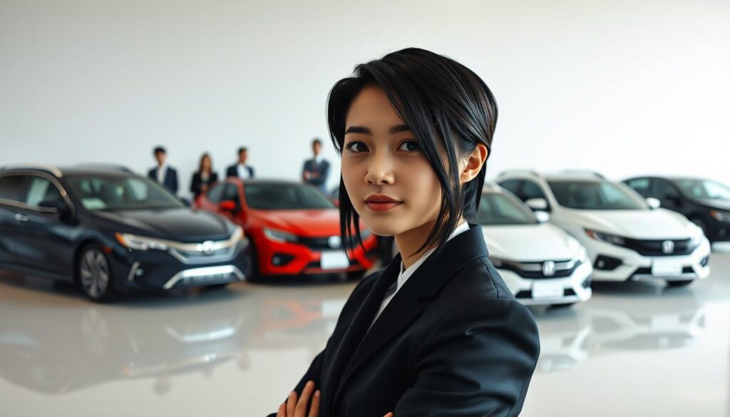 A dynamic career progression for a Japanese car dealership salesperson, showcasing a well-lit, realistic scene. In the foreground, a young, professional-looking individual stands confidently, their polished black hair and subtly sculpted features conveying a sense of expertise. Behind them, a series of successive career milestones unfolds, each represented by a different person, gradually ascending in authority and responsibility. The middle ground features an array of sleek, modern automobiles, suggesting the breadth of products and the sales team's deep product knowledge. The background maintains a clean, minimalist aesthetic, allowing the central narrative to take center stage, conveying the systematic growth and advancement opportunities inherent in the dealership sales career path.