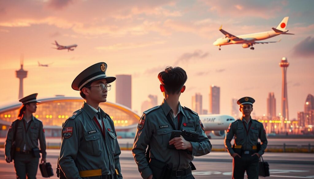 A dynamic cityscape unfolds, showcasing the future of aviation innovation. In the foreground, a team of young, technologically-savvy Japanese marshals expertly guide aircraft, their movements synchronized with precision. The midground features state-of-the-art terminal designs, sleek and futuristic, hinting at the advancements in airport infrastructure. In the background, cutting-edge airframes soar through the sky, representing the next generation of aircraft propelled by revolutionary propulsion systems. Warm, vibrant lighting bathes the scene, evoking a sense of progress and optimism for the industry's evolving landscape. The composition captures the dynamic interplay between human expertise, technological innovation, and the boundless potential of the aviation sector.